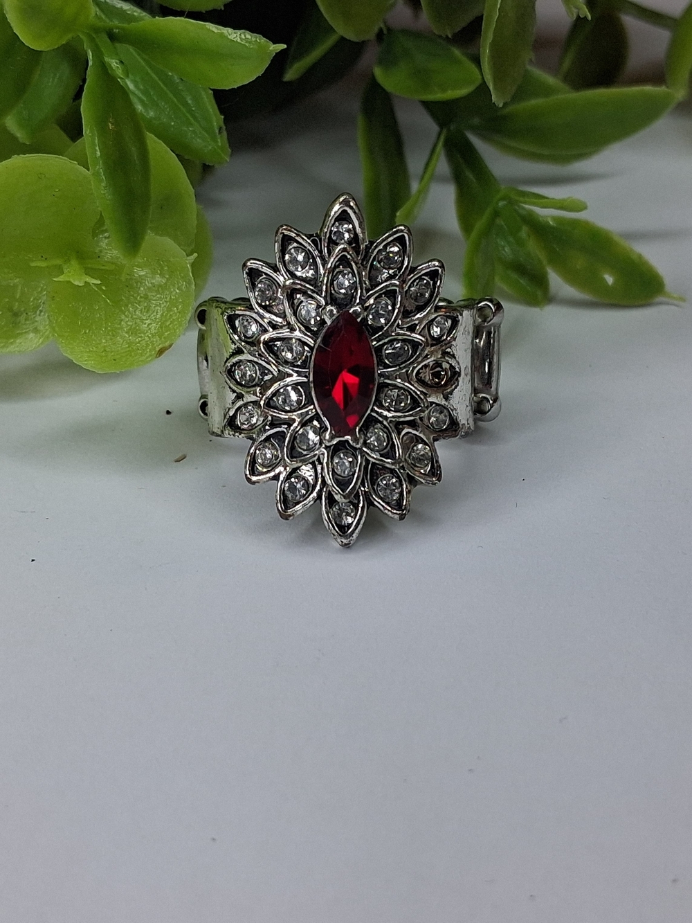 Silver-Tone Ring with Red Marquise Gem